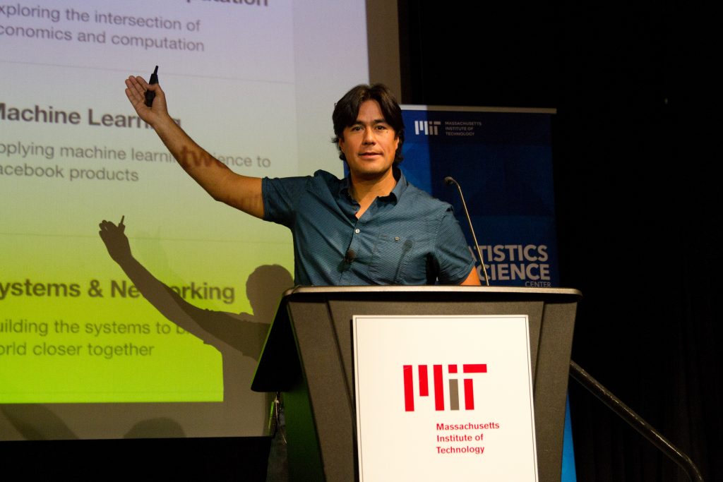 MIT alum Carlos Gomez Uribe, an internet tech product and algorithms leader at Facebook, presents during the industry session at the 2018 MIT Statistics and Data Science Conference.