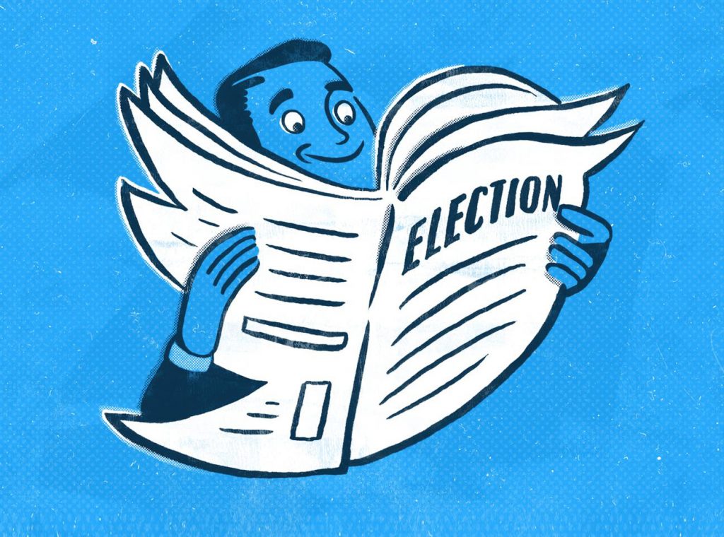man reads election newspaper in shape of twitter logo bird
