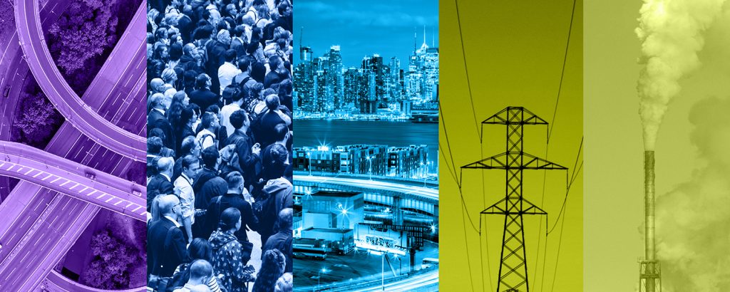 banner collage showing a highway, a crowd, and a city