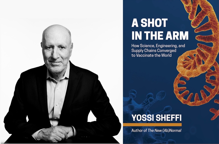 Yossi Sheffi next to the cover of his book A Shot in the Arm