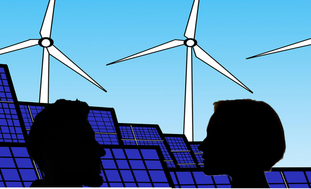 clip art of people looking at solar panels and windmills
