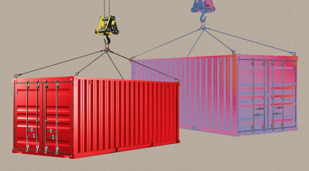 illustration of two shipping containers on cranes