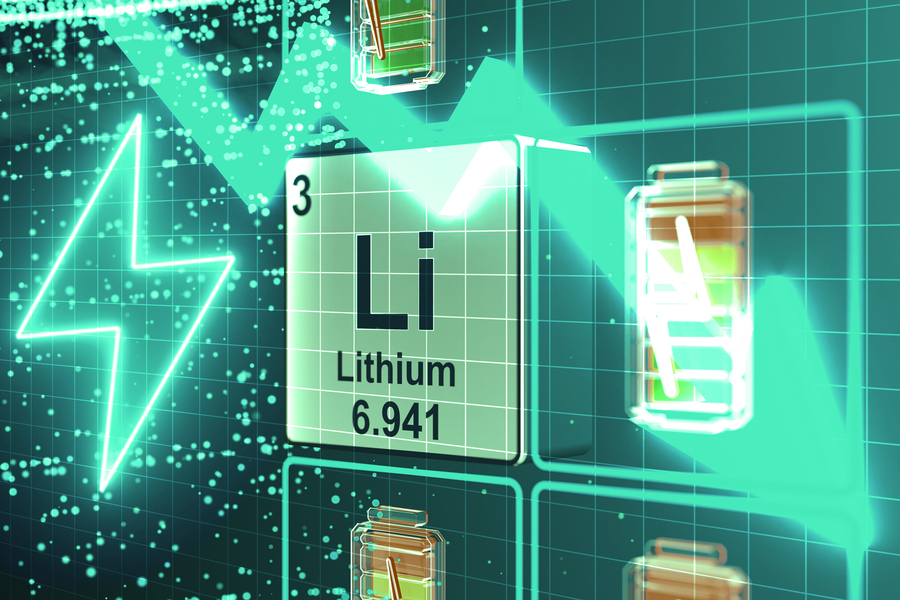 an illustration of the periodic table emblem for lithium surrounded by batteries