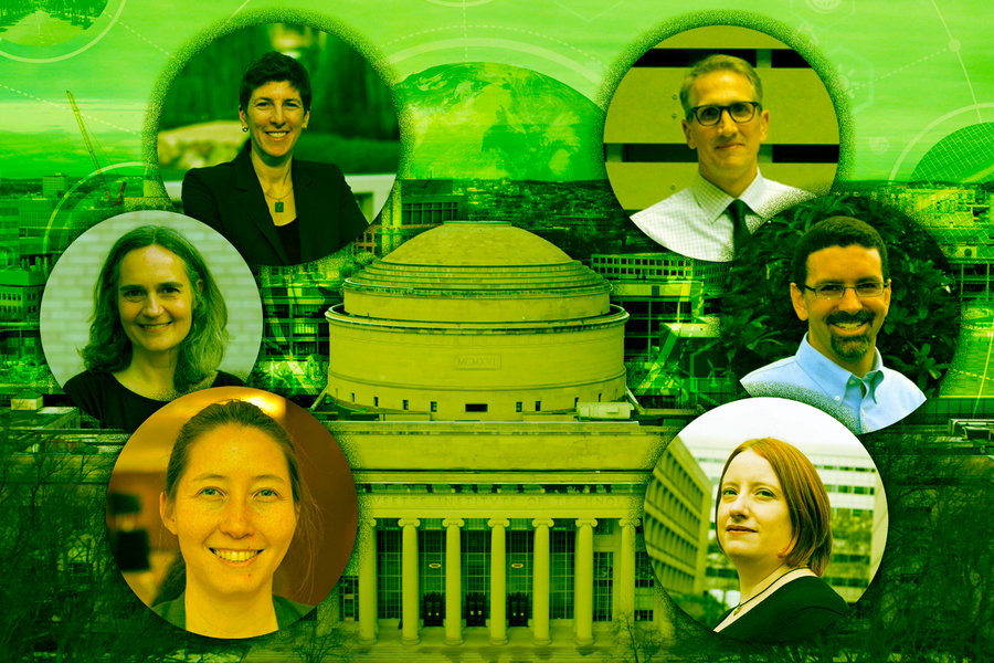 photo of the MIT dome surrounded by photos of faculty involved in the climate action plan