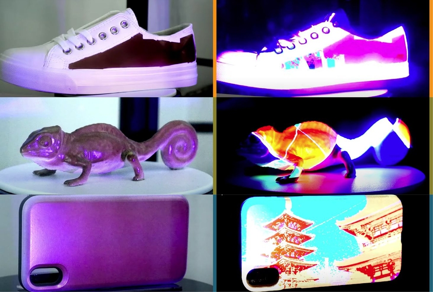 three items, a shoe, a lizard sculpture and a phone, and examples of possible personalized versions of them in different colors
