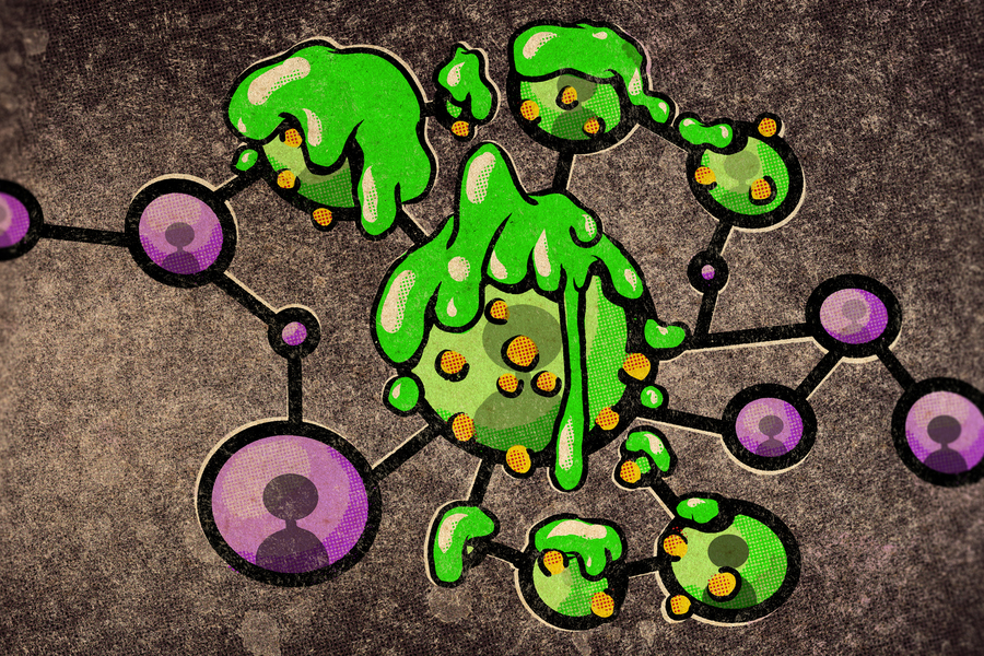 illustration of part of a social network being 'corrupted' by green slime