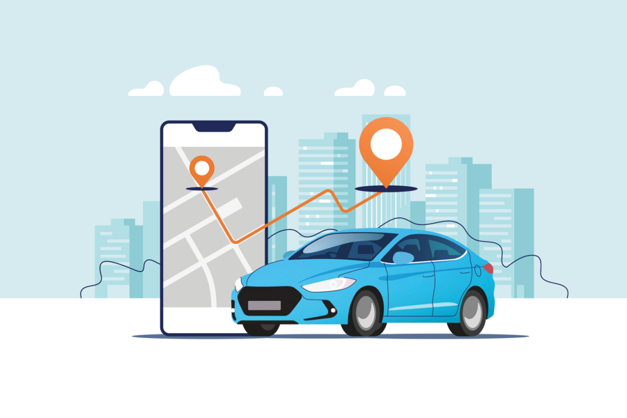 clip art of a car and a phone showing a map route