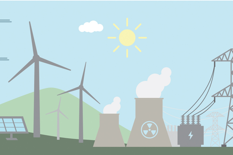 clip art of several power sources including wind turbines, solar panels and a nuclear cooling tower