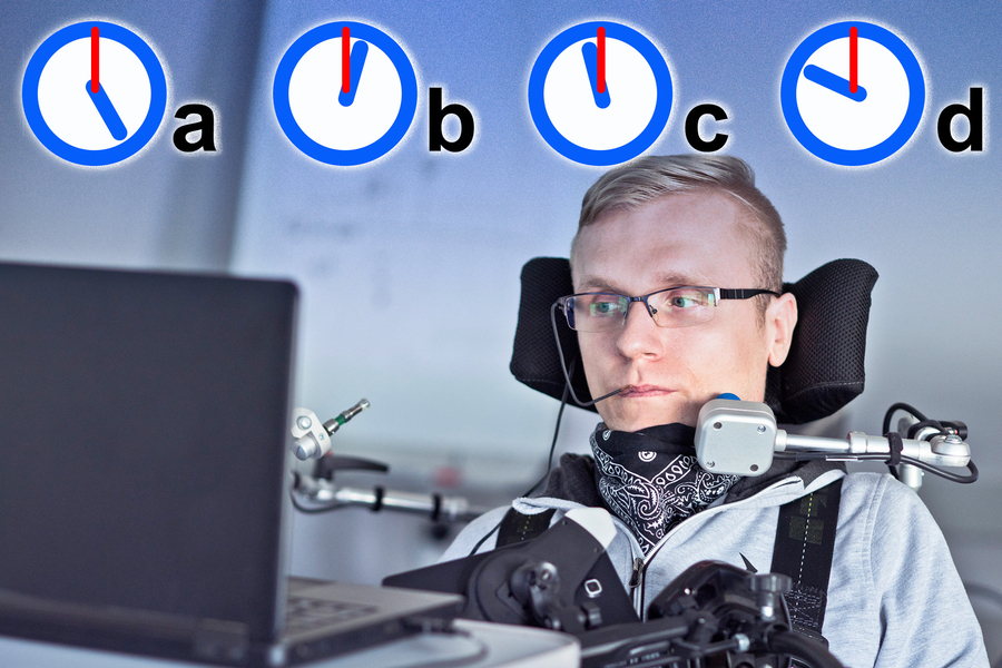 a stock photo of a paralyzed man using a computer and four clock images with different times labeled a through d.