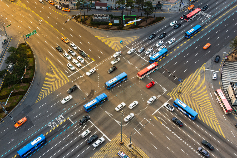 stock imagery of a crossroads in a busy downtown city