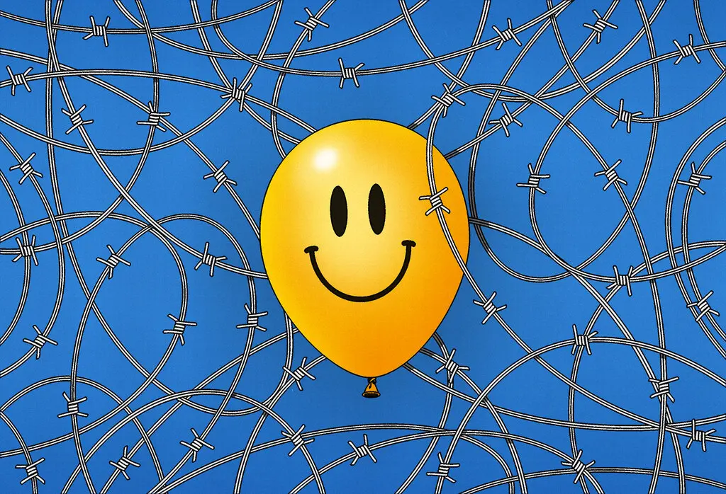 clip art of smiley-faced balloon surrounded by barb wire