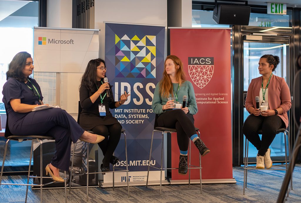 l-r: Arushi Jain, Darshita Chaturvedi, Susan Conover, and Zara Perumal at WiDS Cambridge 2023, Photo by Jade Chongsathapornpong