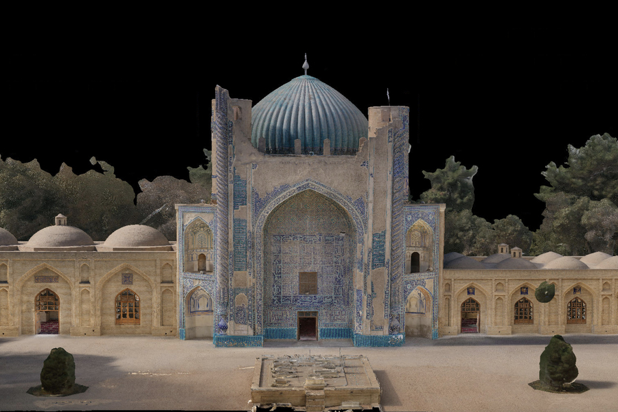 A digital rendering of the Green Mosque in Balkh, Afghanistan