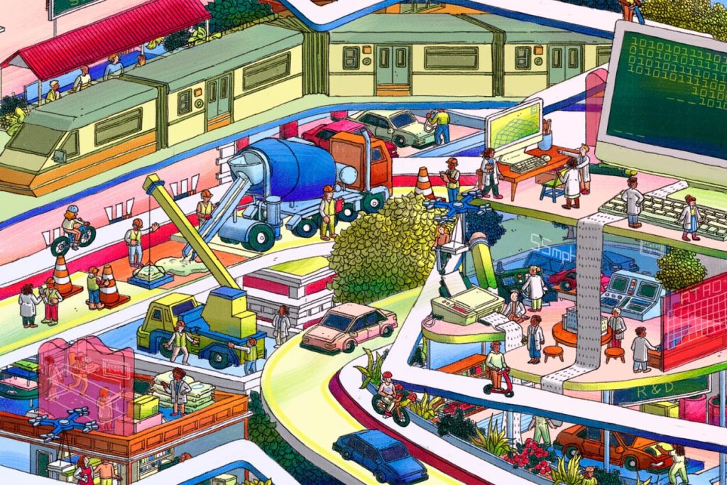 Cartoon illustration of a futuristic city. People use various modes of transportation to move around the city while researchers work at giant computers monitoring traffic.