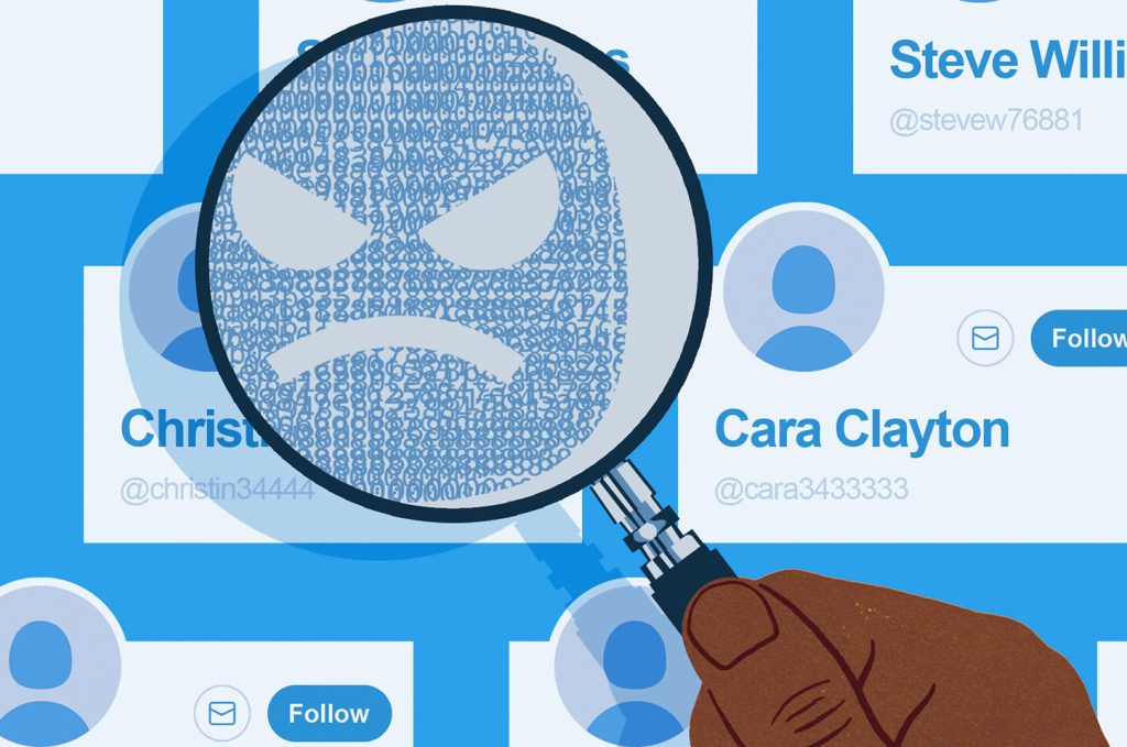 Illustration of a magnifying glass hovering over a Twitter user to reveal an angry face made of overlapping numbers