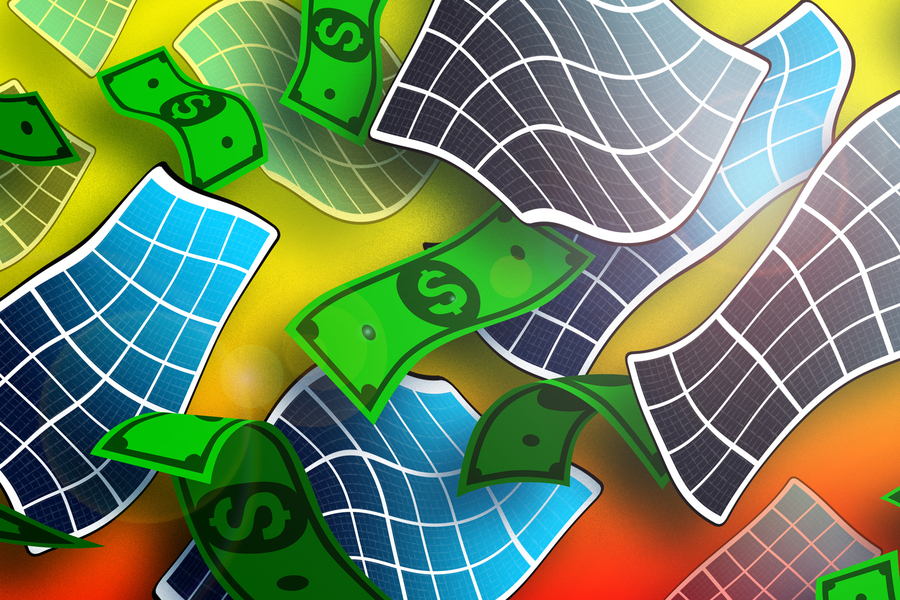 artwork of dollar bills and solar panels
