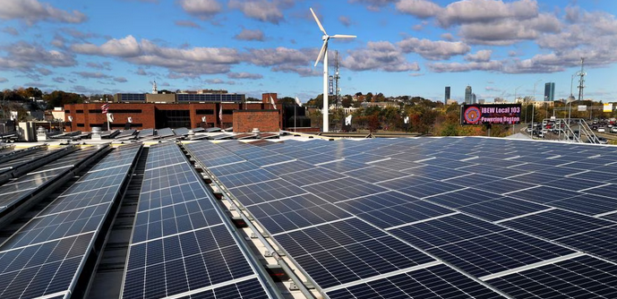 A solar installation on the roof of The International Brotherhood of Electrical Workers Local 103 headquarters in Dorchester.