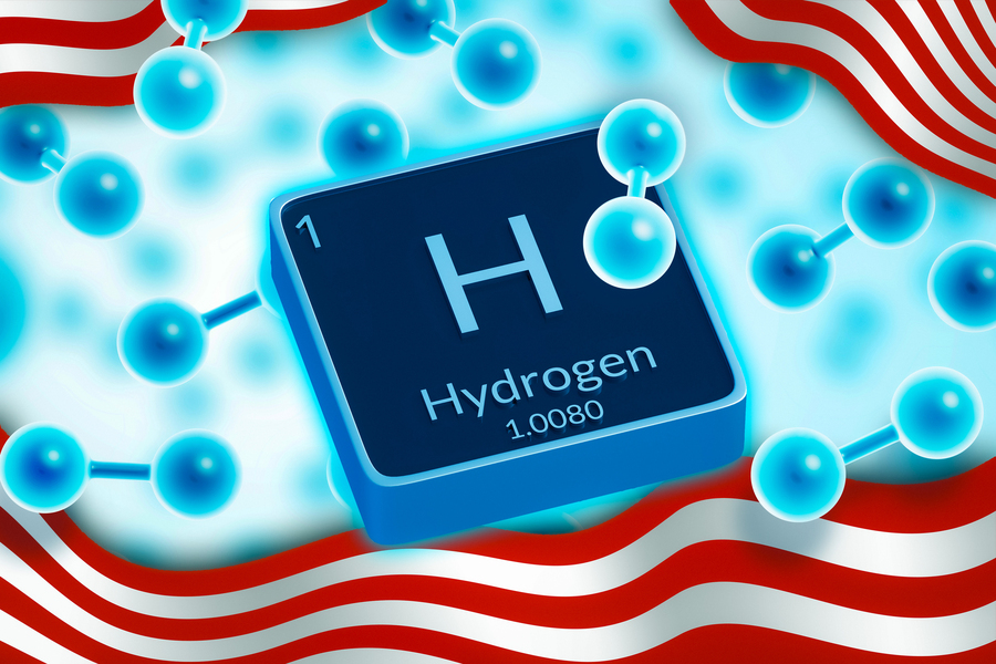 clip art of the hydrogen element from the periodic table in blue, on a background of red and white stripes