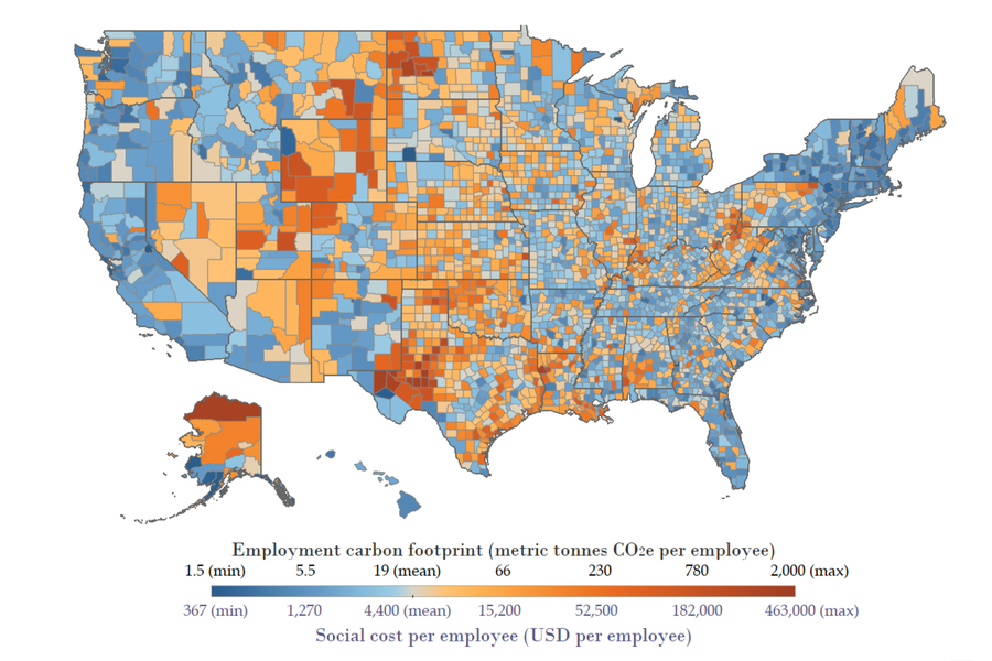 A map shows which U.S. counties have the highest concentration of jobs that could be affected by the transition to renewable energy