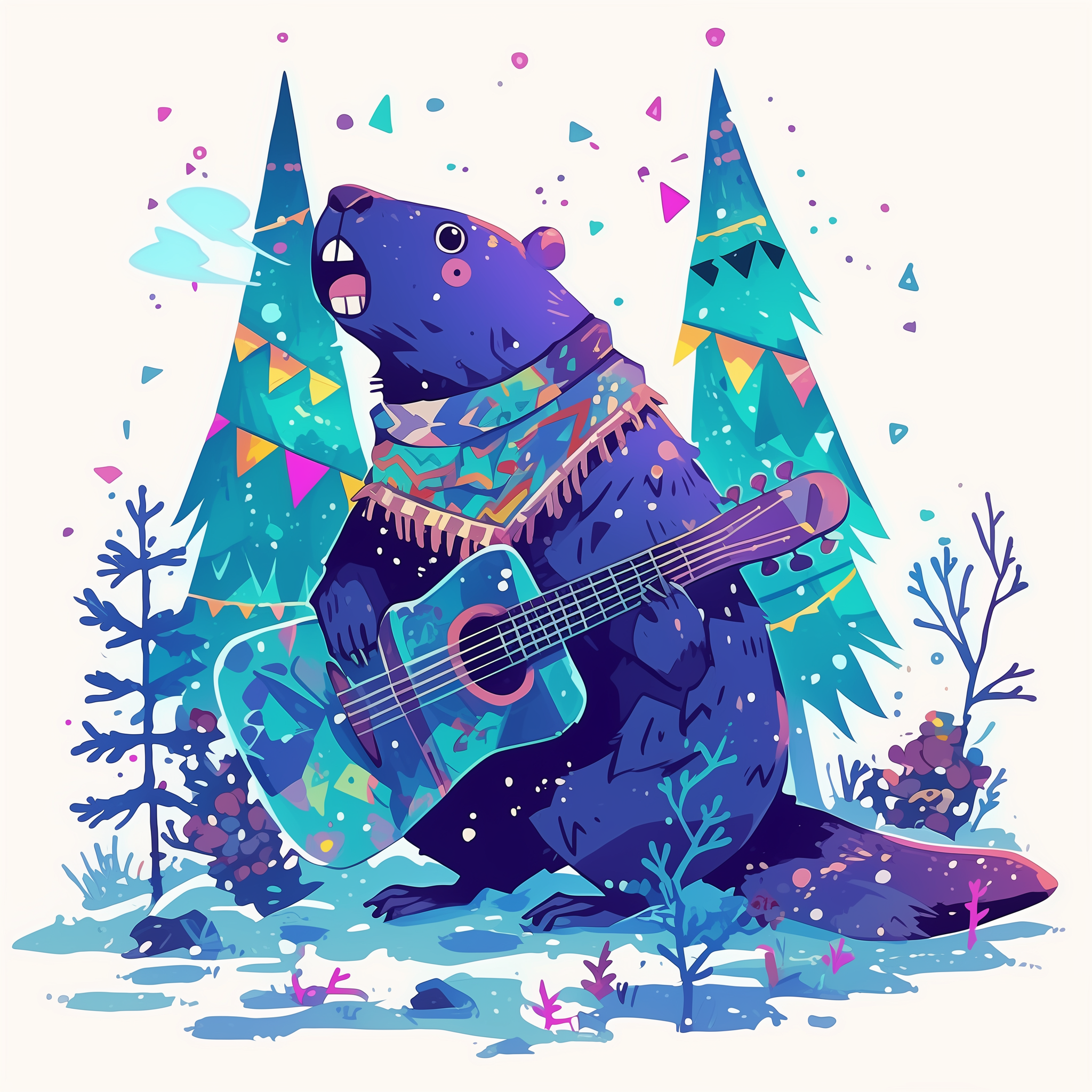 AI illustration of a beaver playing classical guitar in a winter scene.