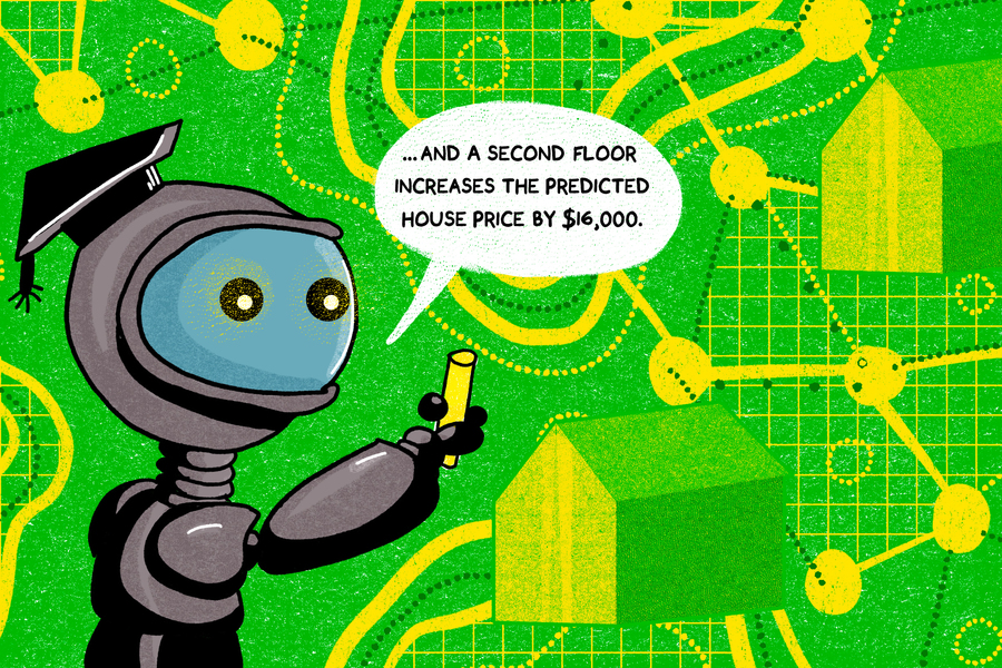 An illustration of a robot explaining how 'a second floor increases the predicted house price by $16,000' in front of a complicated graph