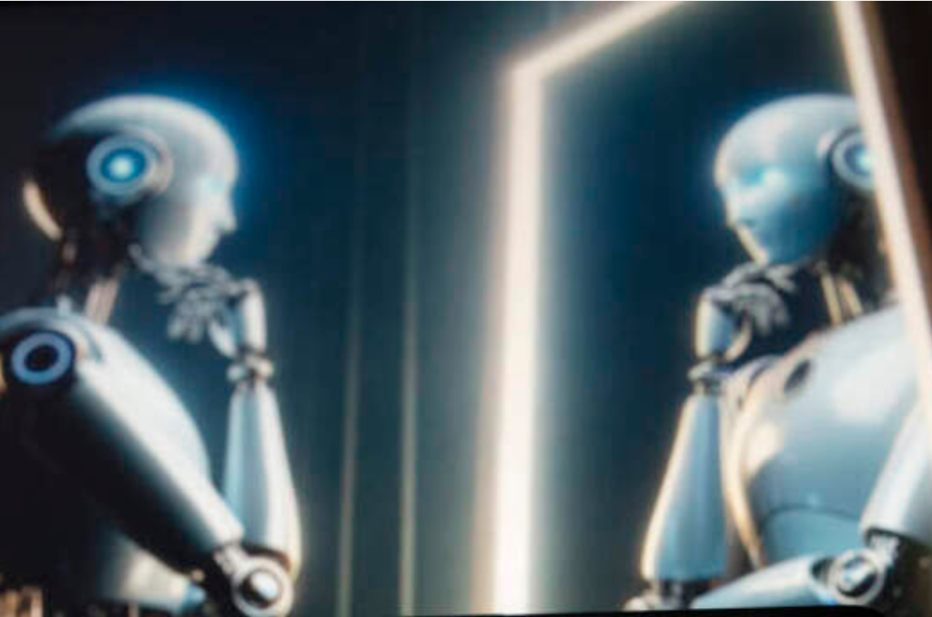 illustration of a robot looking at a robot in a mirror