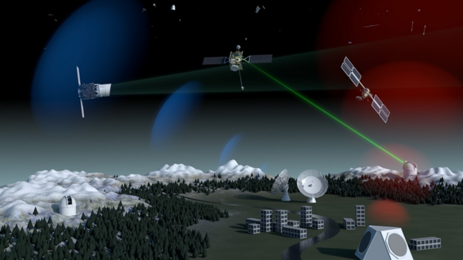 A photo collage of satellites in orbit over towers and observatories on the ground
