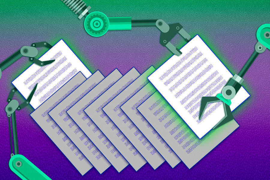 robotic arms adding and taking out papers in a pile