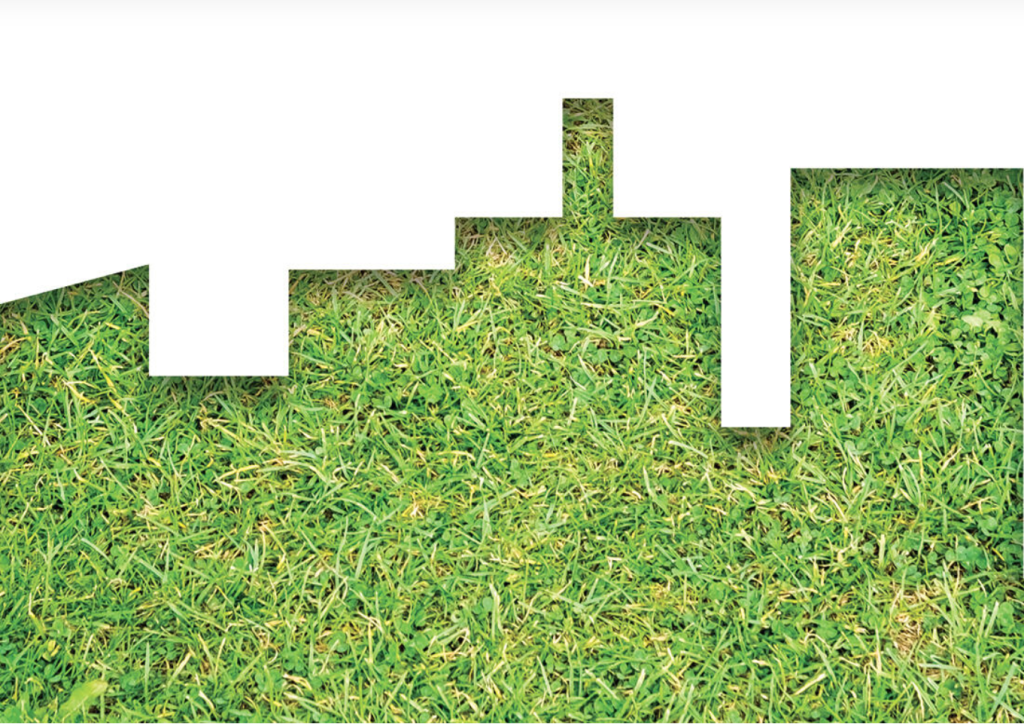 illustration of a city skyline cut into grass