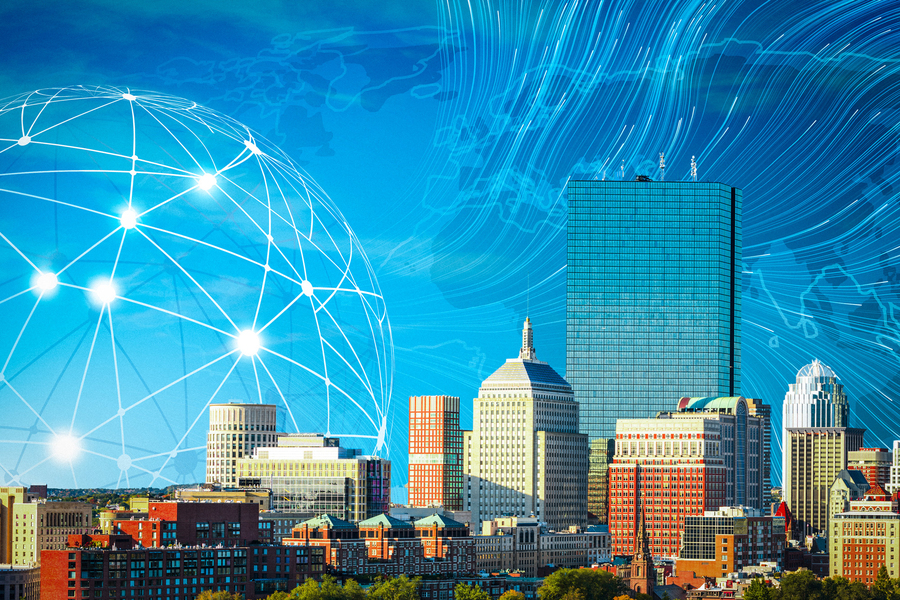 The boston skyline with a blue sky overlaid with an illustration of connected data nodes