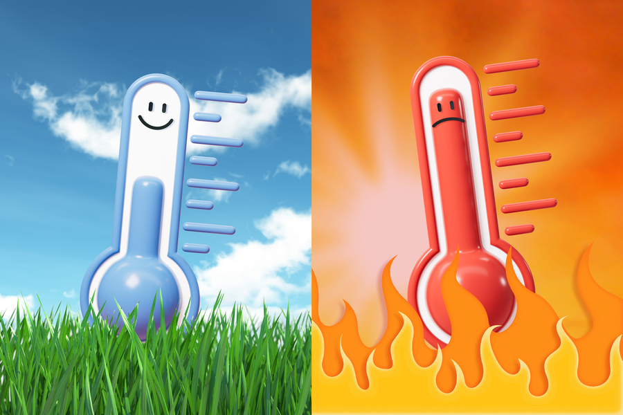Illustration of a happy cool thermometer in a land with blue skies and a sad hot thermometer surrounded by fire