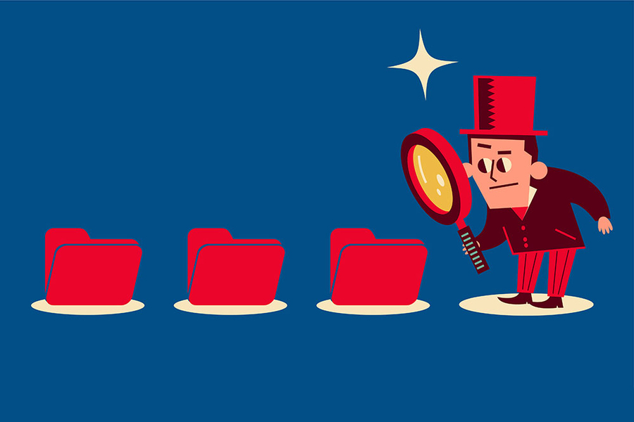 an illustration of folder icons being studied with a magnifying glass