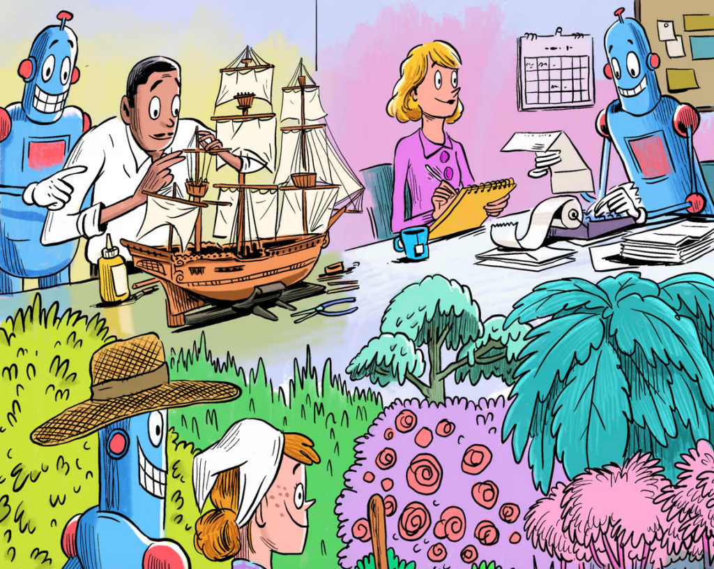 an illustration of a human and a robot in activities such as model ship building, accounting and gardening