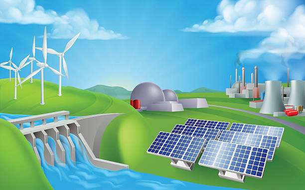 Illustrations of various energy sources including nuclear plants, solar panels, wind farms, hydroelectric dams and coal plants
