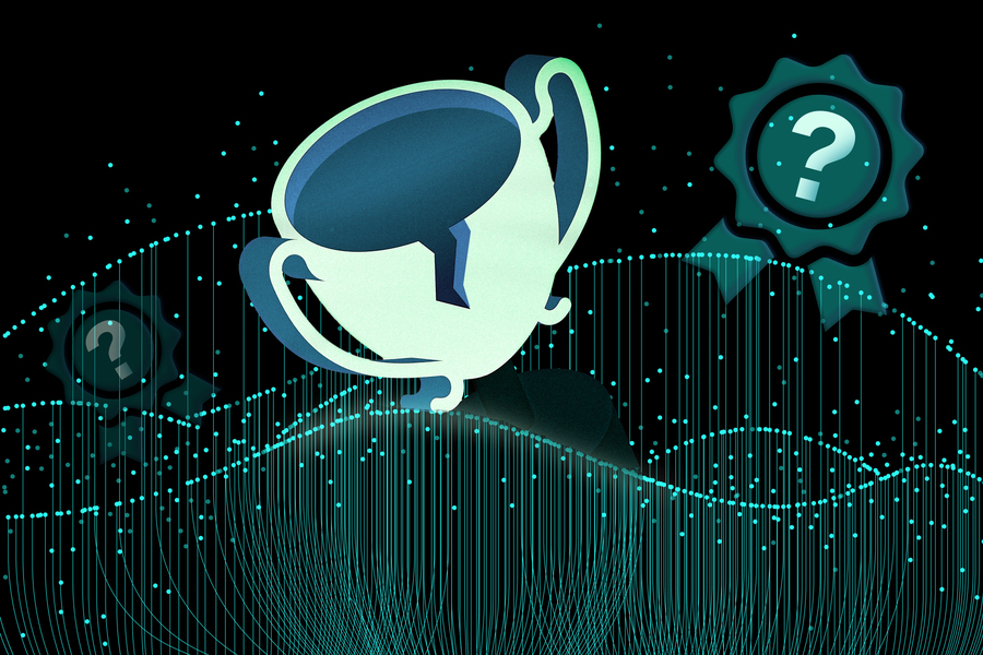 an illustration of a cracked trophy cup at the top of.a bell curve, surrounded by medals with question marks at their center