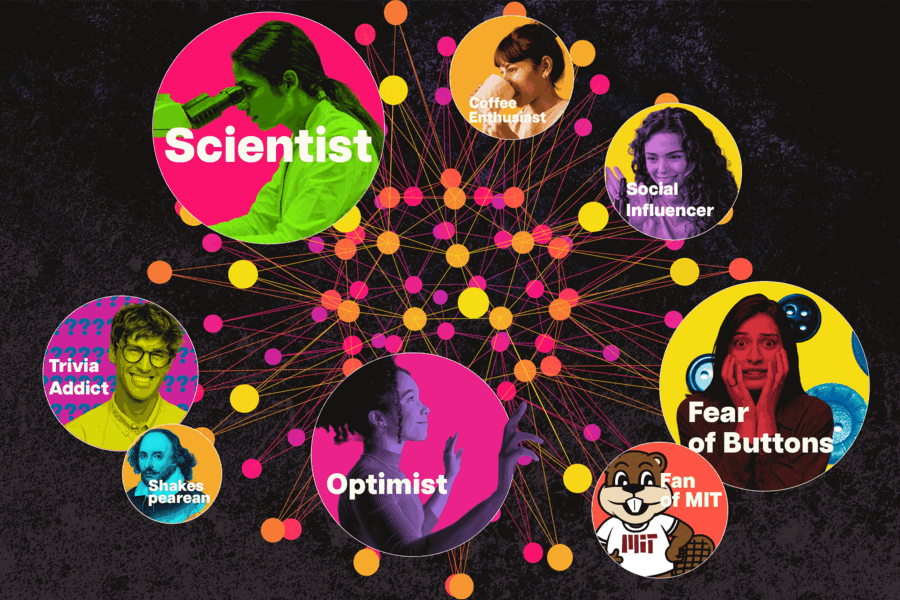 interconnected bubbles containing different types of people, including scientist, optimist and social influencer
