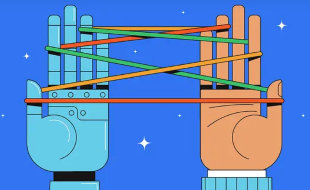 An illustration of a human hand and a machine hand playing a game with multicolored string
