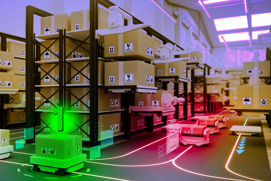 A warehouse with robots and their movement paths defined in different colors