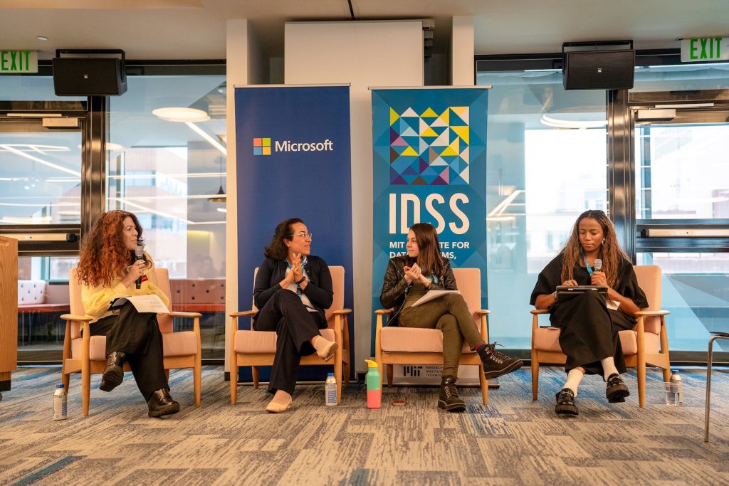 TPP Director Christine Ortiz (left) moderated a panel on Democratic Processes and Public Policy for Women in Data Science Cambridge 2026, featuring (from l-r) Mona Birjandi, Principal Economist and Director of Data Analytics at Outten & Golden; Bailey Flanigan, Assistant Professor of Political Science and Computer Science at MIT; and Lindsey Batteast, Senior Strategist in Responsible AI at Google.